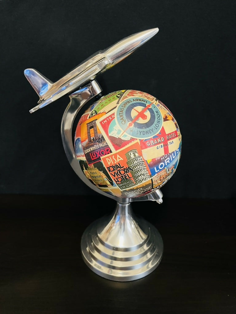 Art Deco Plane Globe with Vintage Steamer Trunk Labels