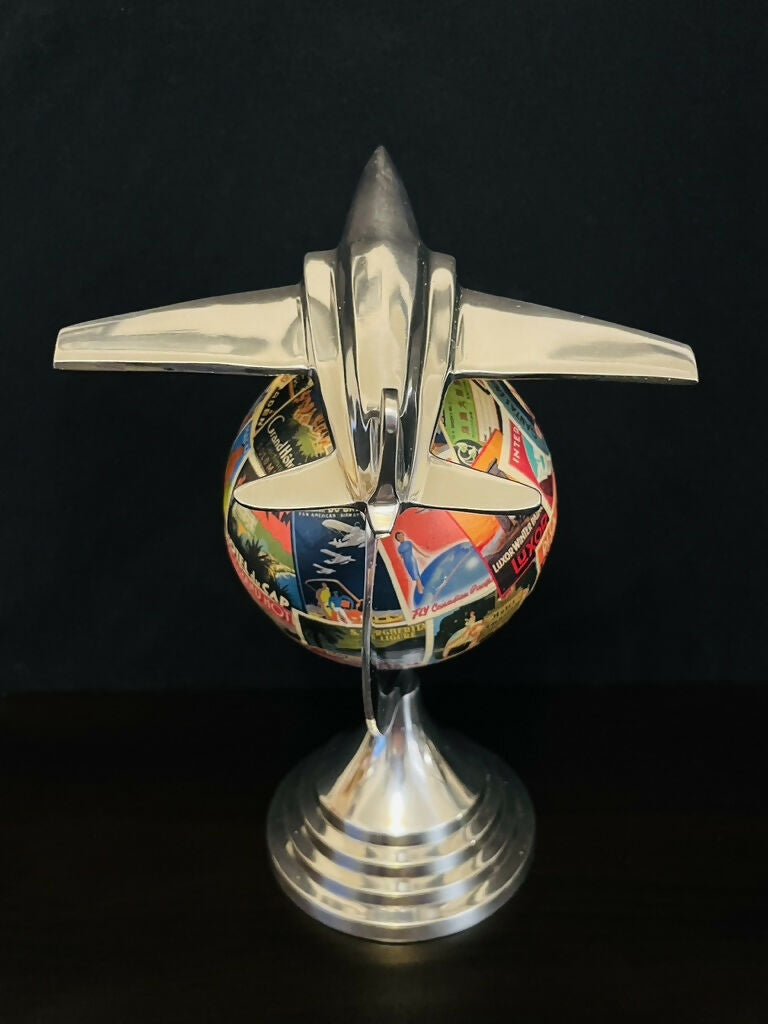 Art Deco Plane Globe with Vintage Steamer Trunk Labels