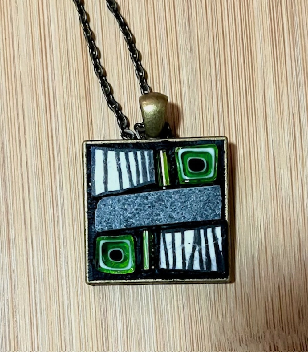 Mosaic Pendant: Slate and Green Glass Squares