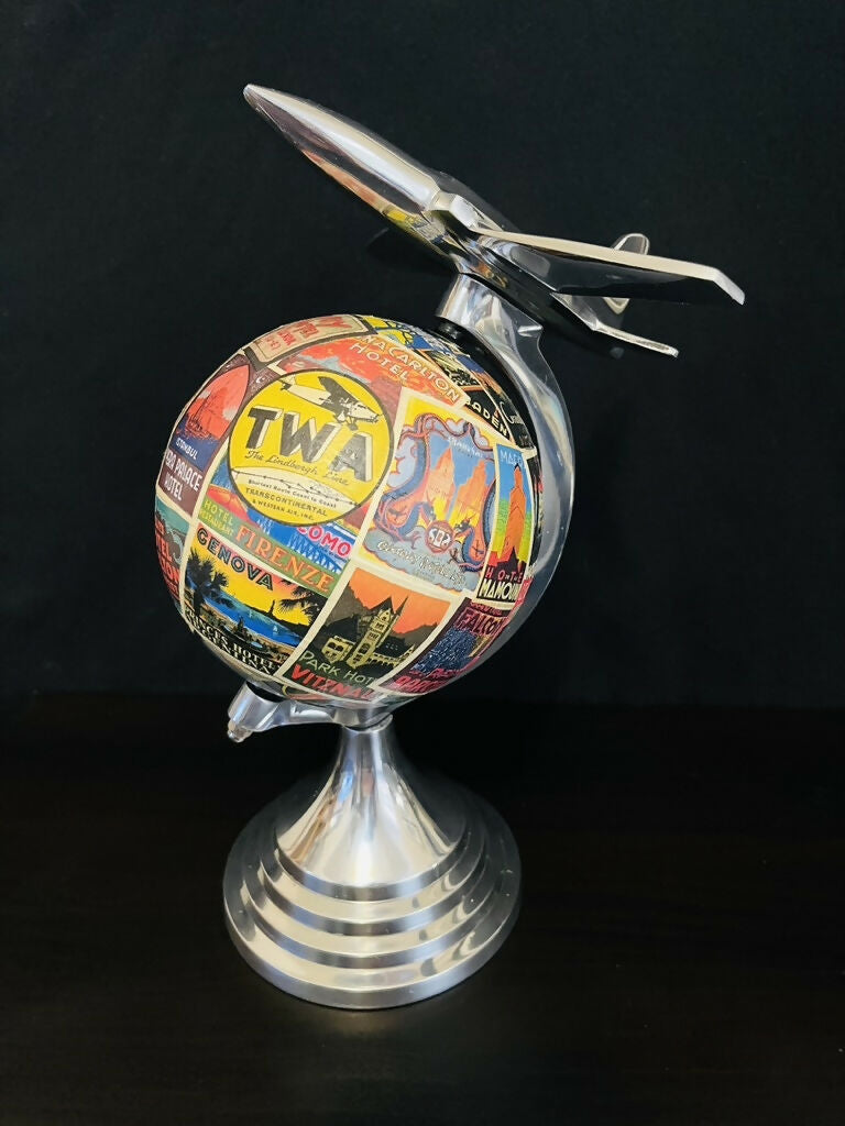 Art Deco Plane Globe with Vintage Steamer Trunk Labels