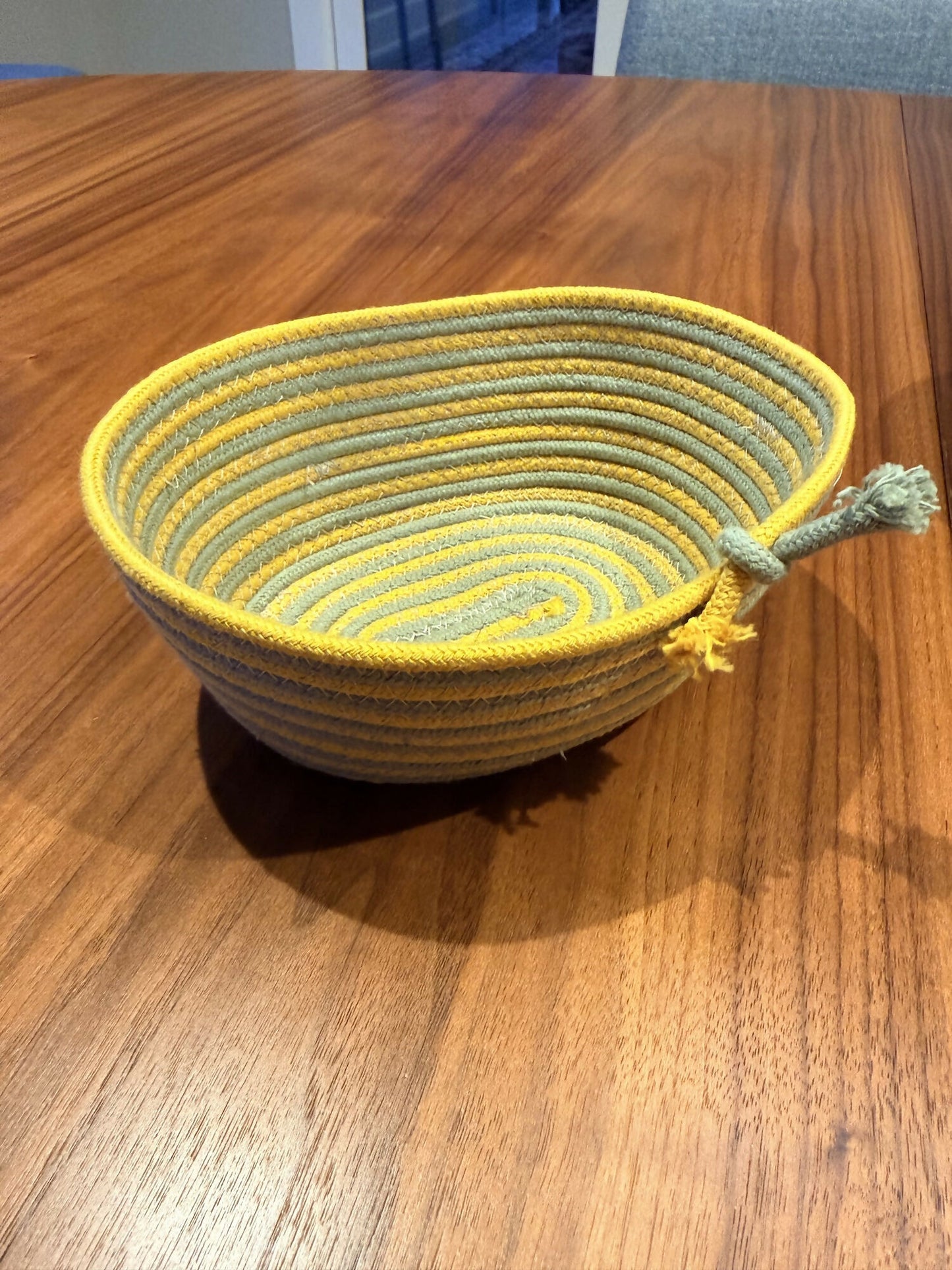 Coiled rope vessel - yellow and olive stripe - medium
