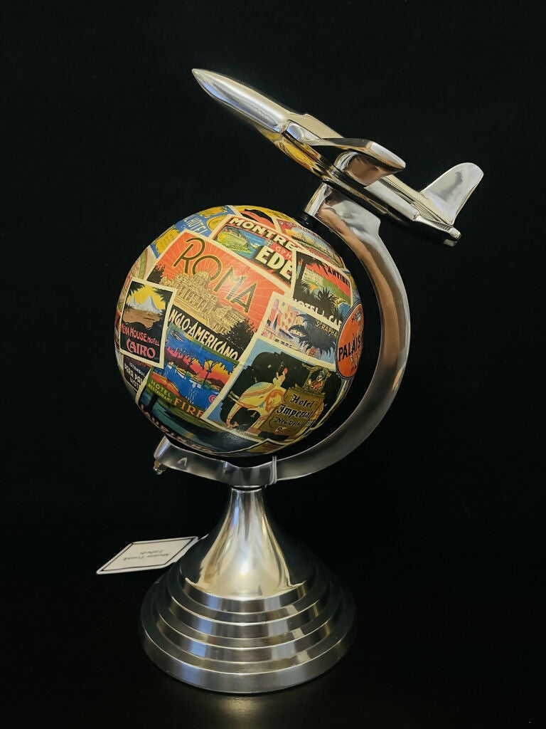 Art Deco Plane Globe with Vintage Steamer Trunk Labels