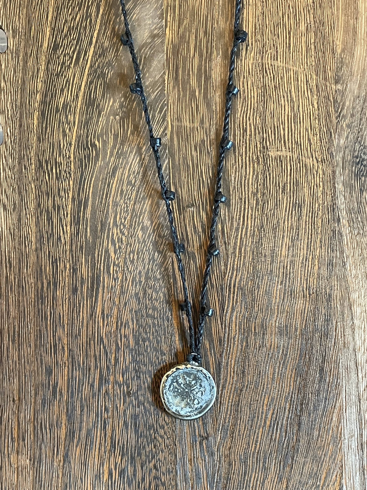 Buddhist Amulet - Dharma Wheel on assorted linen with assorted beads BANK