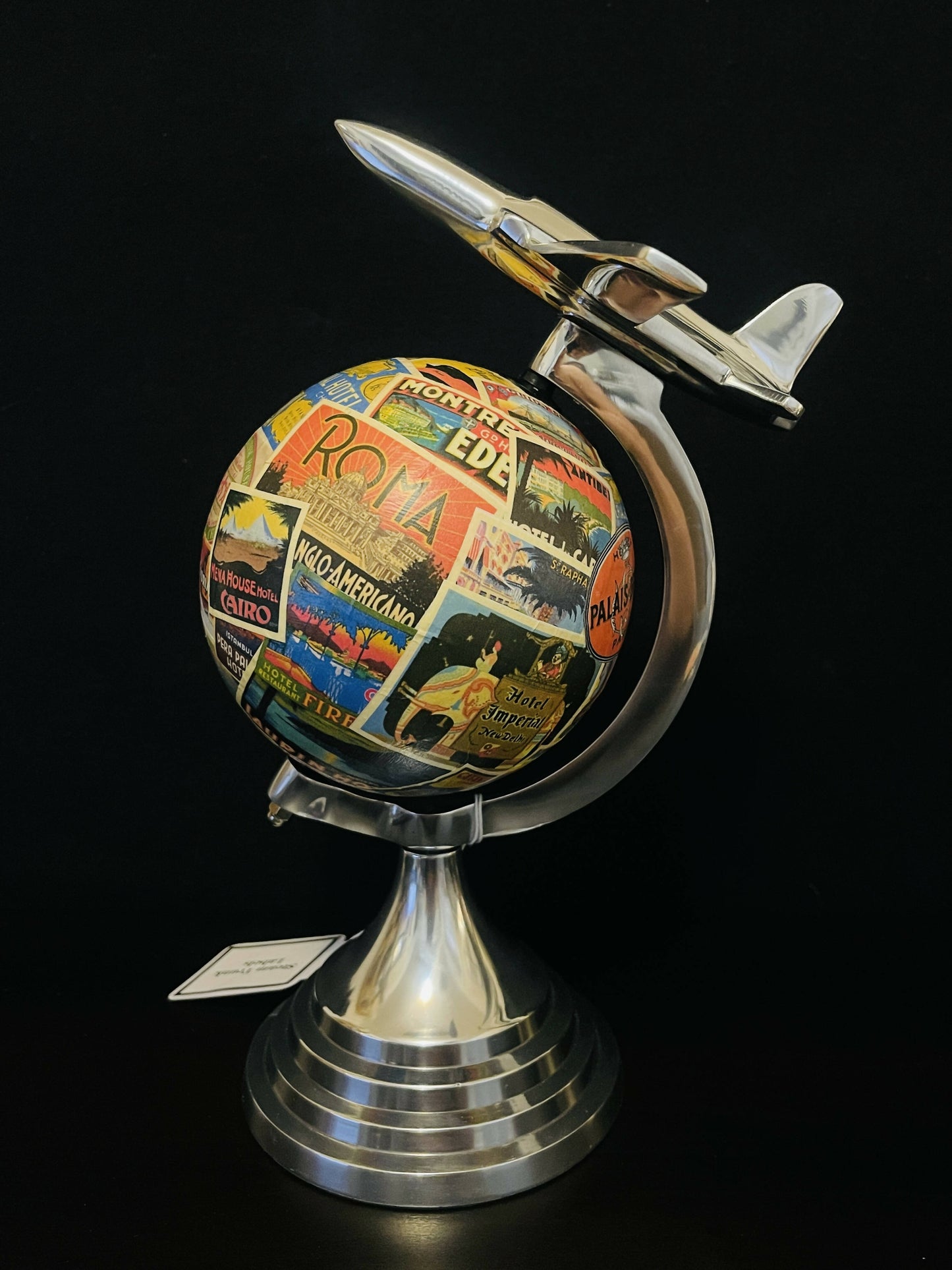 Art Deco Plane Globe with Vintage Steamer Trunk Labels