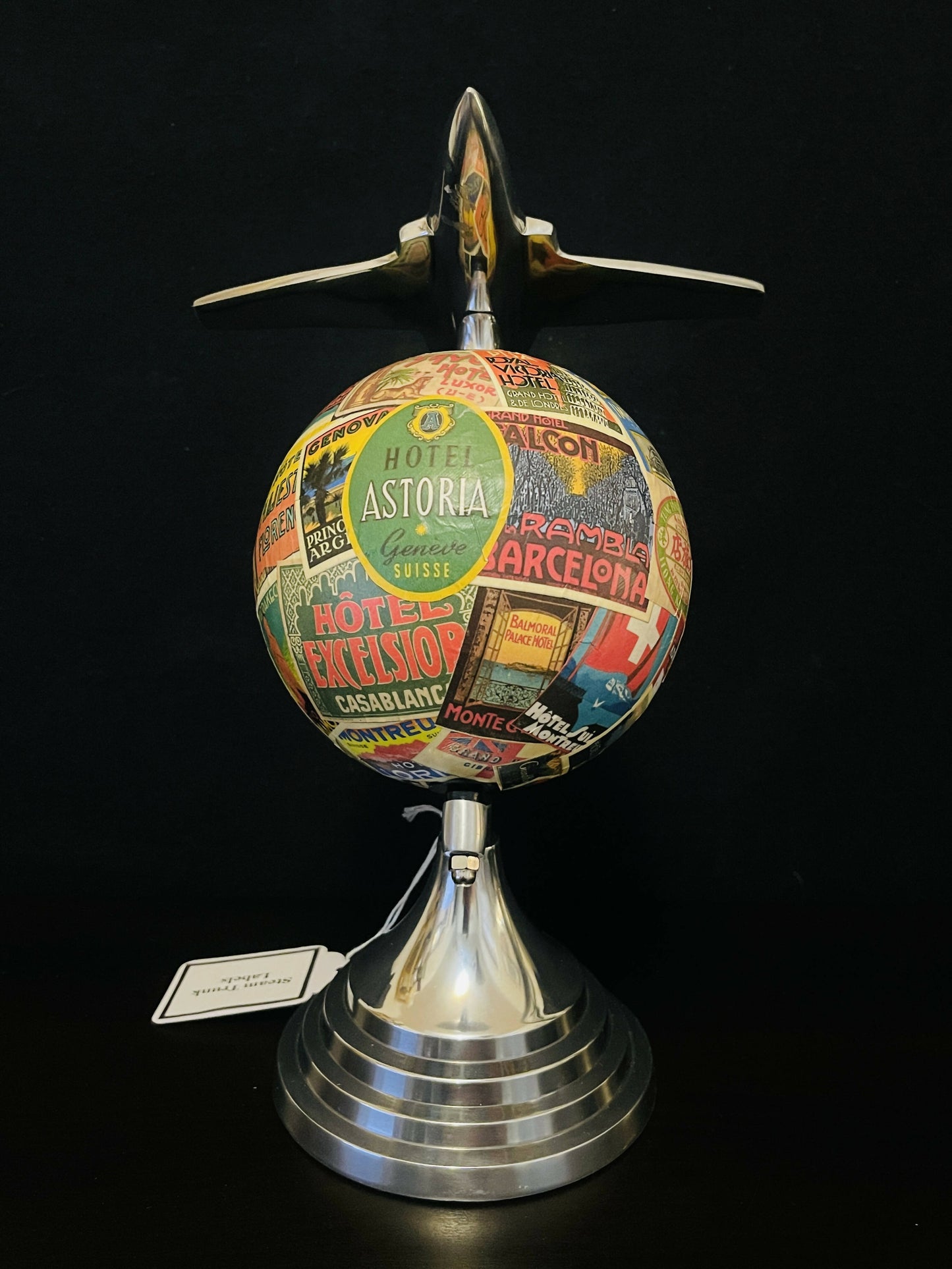 Art Deco Plane Globe with Vintage Steamer Trunk Labels