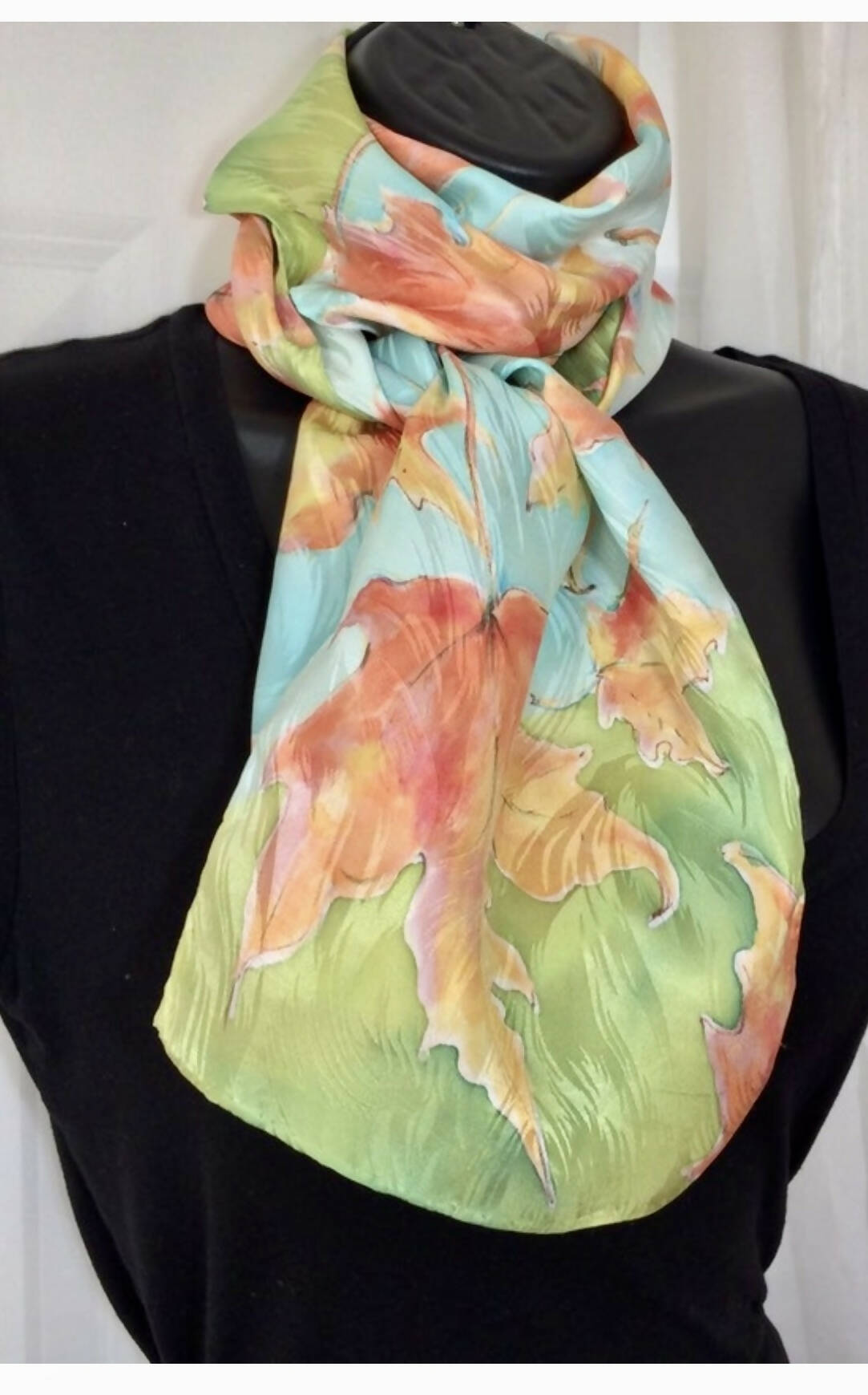 Silk Leaf Scarf Orange Aqua