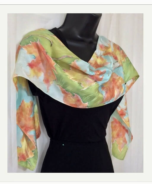 Silk Leaf Scarf Orange Aqua