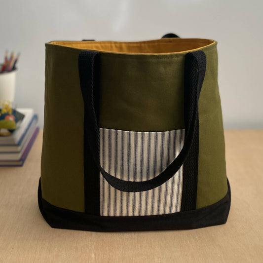 Tiny Tote in Mattress Ticking and Moss
