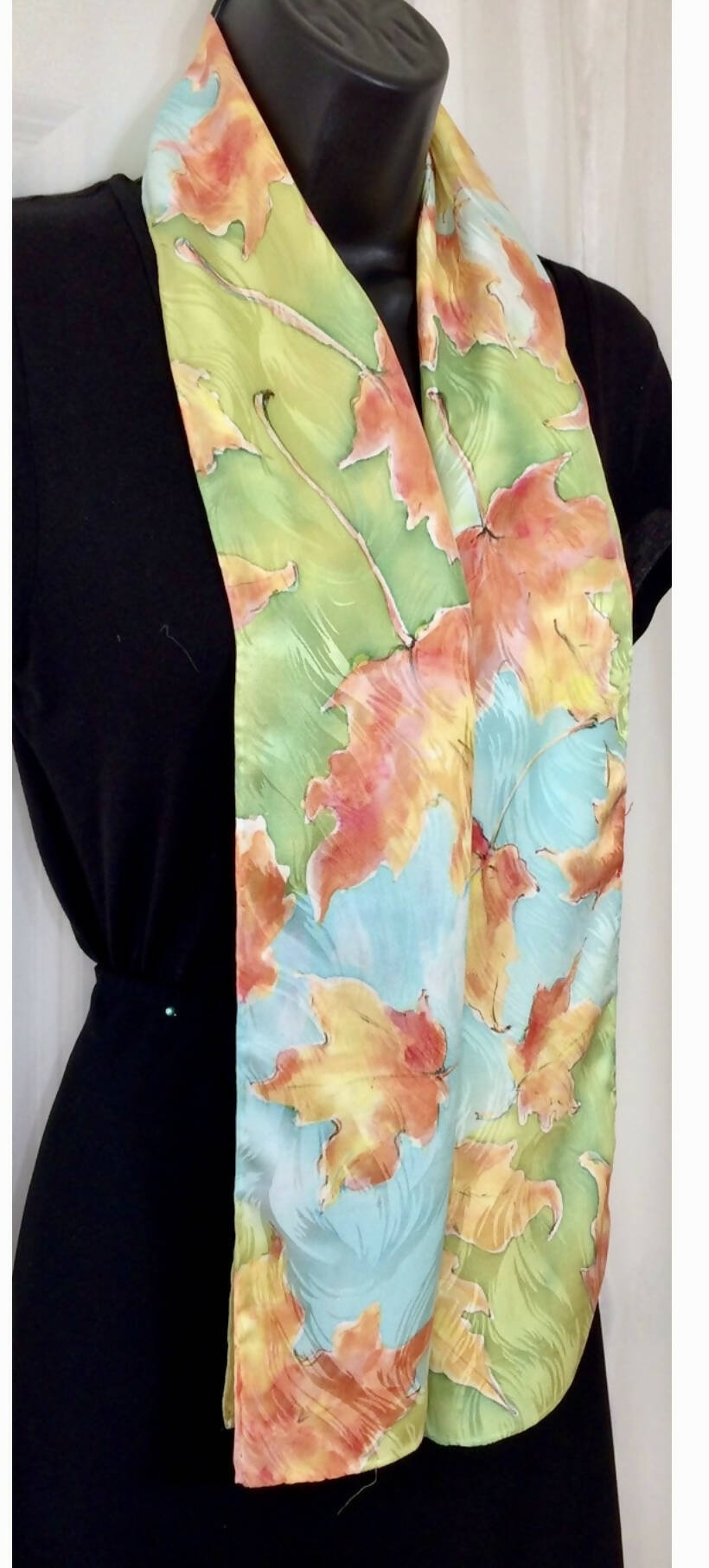 Silk Leaf Scarf Orange Aqua