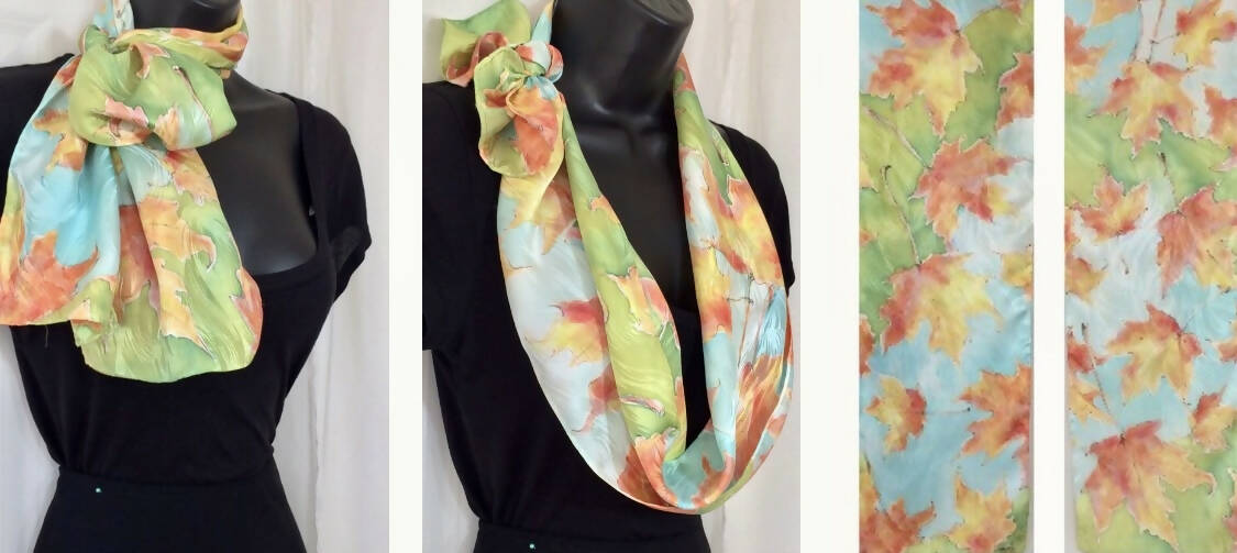 Silk Leaf Scarf Orange Aqua