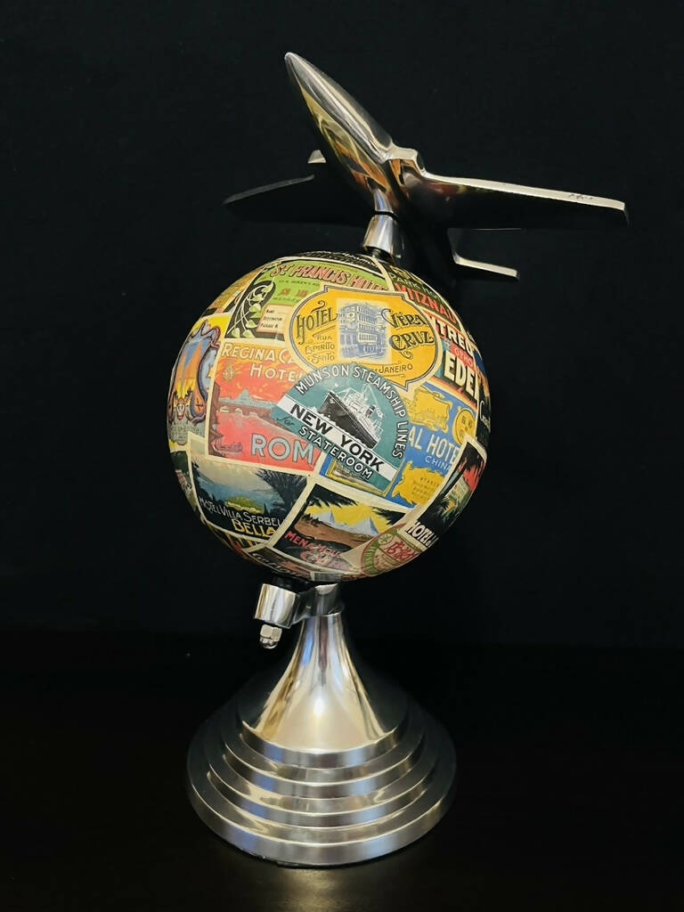 Art Deco Plane Globe with Vintage Steamer Trunk Labels