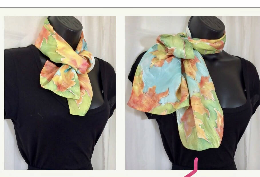 Silk Leaf Scarf Orange Aqua