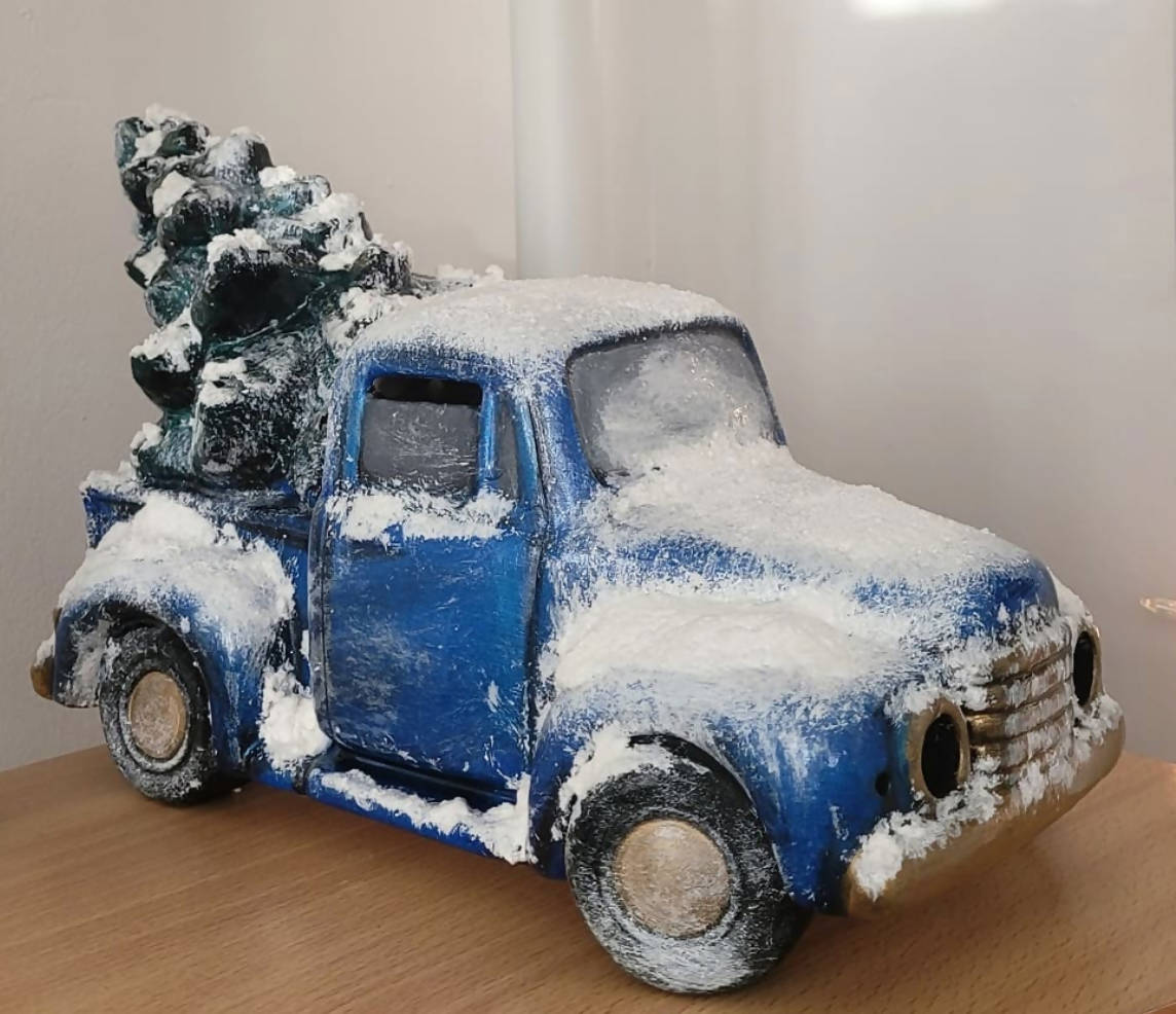 HAND-PAINTED Vintage Style Truck with Tree Snow Light Up - Ceramic