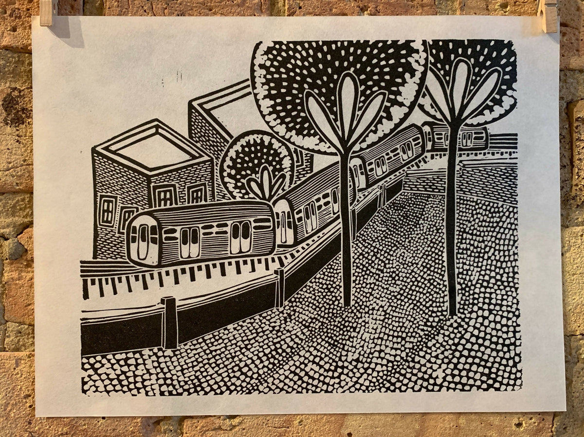 Train Through the Trees | City Scenes | Landscape, Spring Tree, Graceland Cemetery, Chicago | Linocut Print | Wall Art