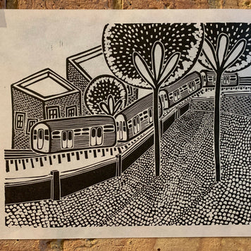 Train Through the Trees | City Scenes | Landscape, Spring Tree, Graceland Cemetery, Chicago | Linocut Print | Wall Art