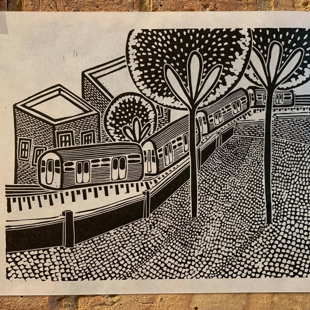 Train Through the Trees | City Scenes | Landscape, Spring Tree, Graceland Cemetery, Chicago | Linocut Print | Wall Art