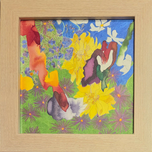 Daffodils and Lobelia, Normandy August 2025 (framed in a contemporary blond simple wood frame)