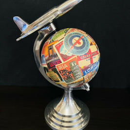 Art Deco Plane Globe with Vintage Steamer Trunk Labels