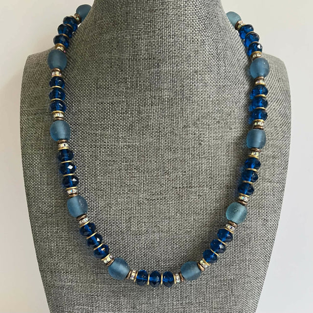 Beaded necklace - blue with rhinestones