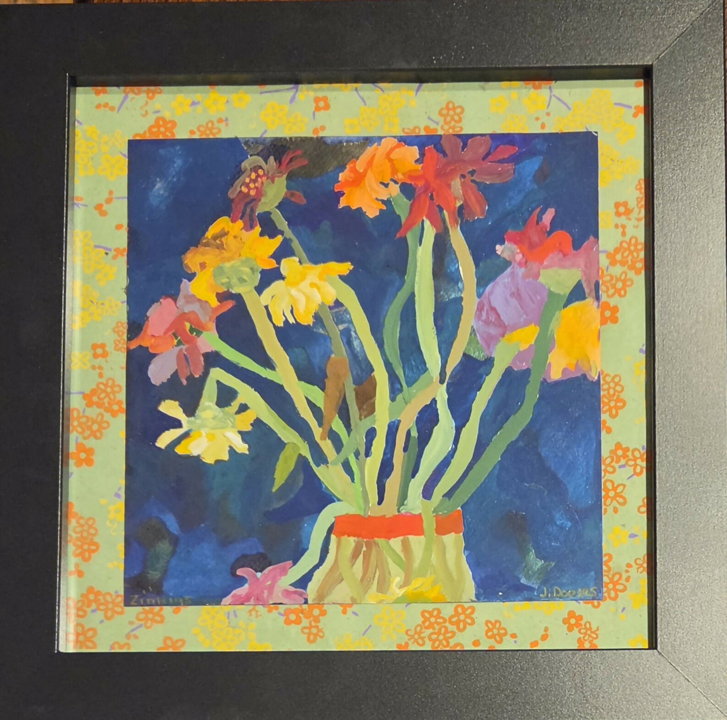 Zinnias (bouuet) (floating on handmade paper with simple black contemporary frame)