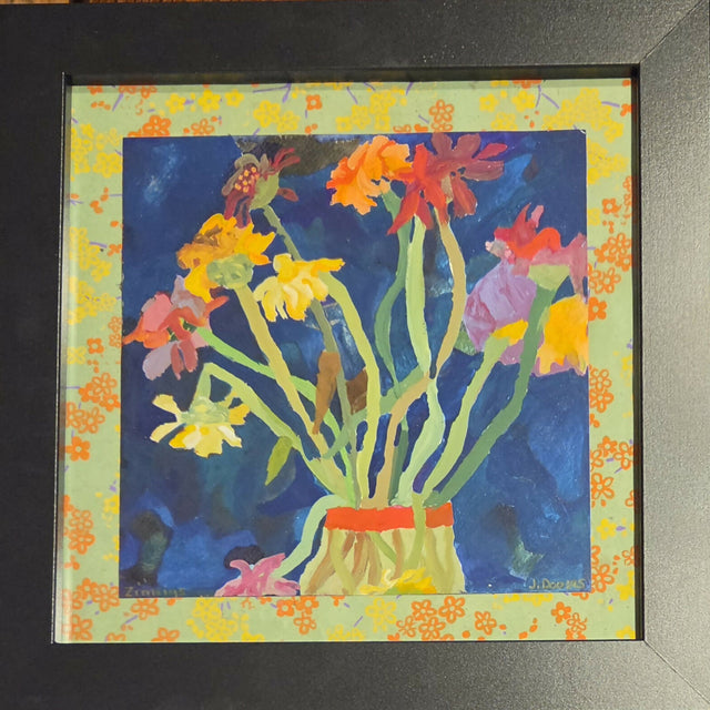 Zinnias (bouuet) (floating on handmade paper with simple black contemporary frame)
