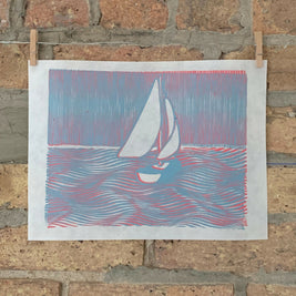 Sailboat, Lake Michigan / Moire 20 | Linocut Print | Wall Art