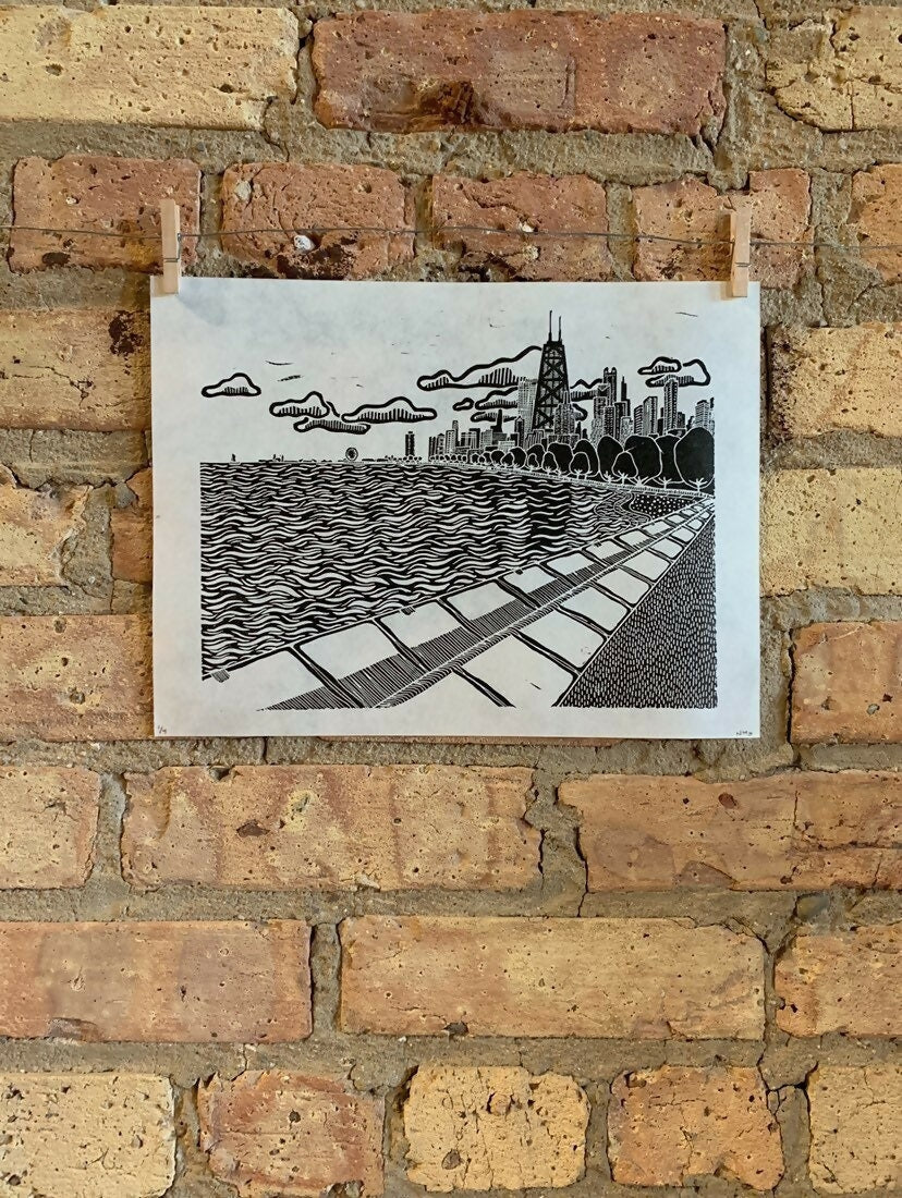 Lake Shore Drive 04 | Navy Pier / North Ave Beach | Linocut Print | Wall Art