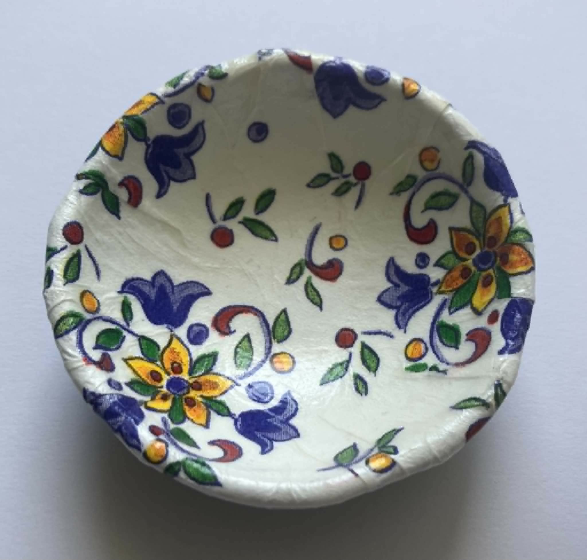 decoupage trinket dish - blue/yellow/red floral