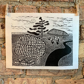 Two Trees | City Scenes | Landscape, Spring Tree, Graceland Cemetery, Chicago | Linocut Print | Wall Art