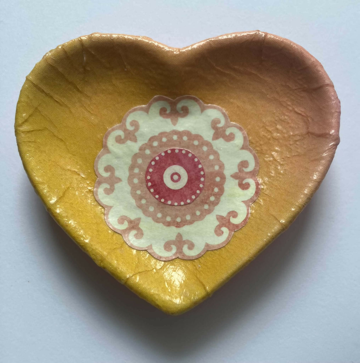decoupage heart trinket dish - yellow/orange