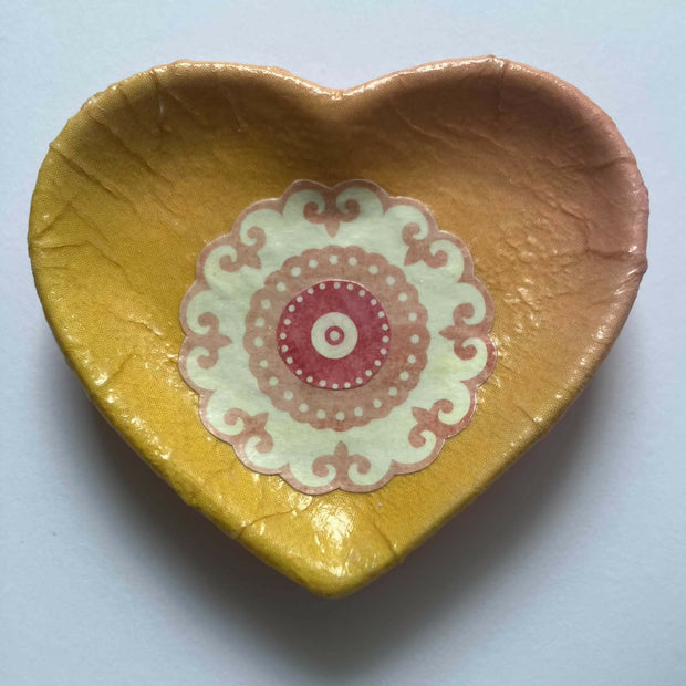 decoupage heart trinket dish - yellow/orange