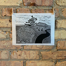 Two Trees | City Scenes | Landscape, Spring Tree, Graceland Cemetery, Chicago | Linocut Print | Wall Art