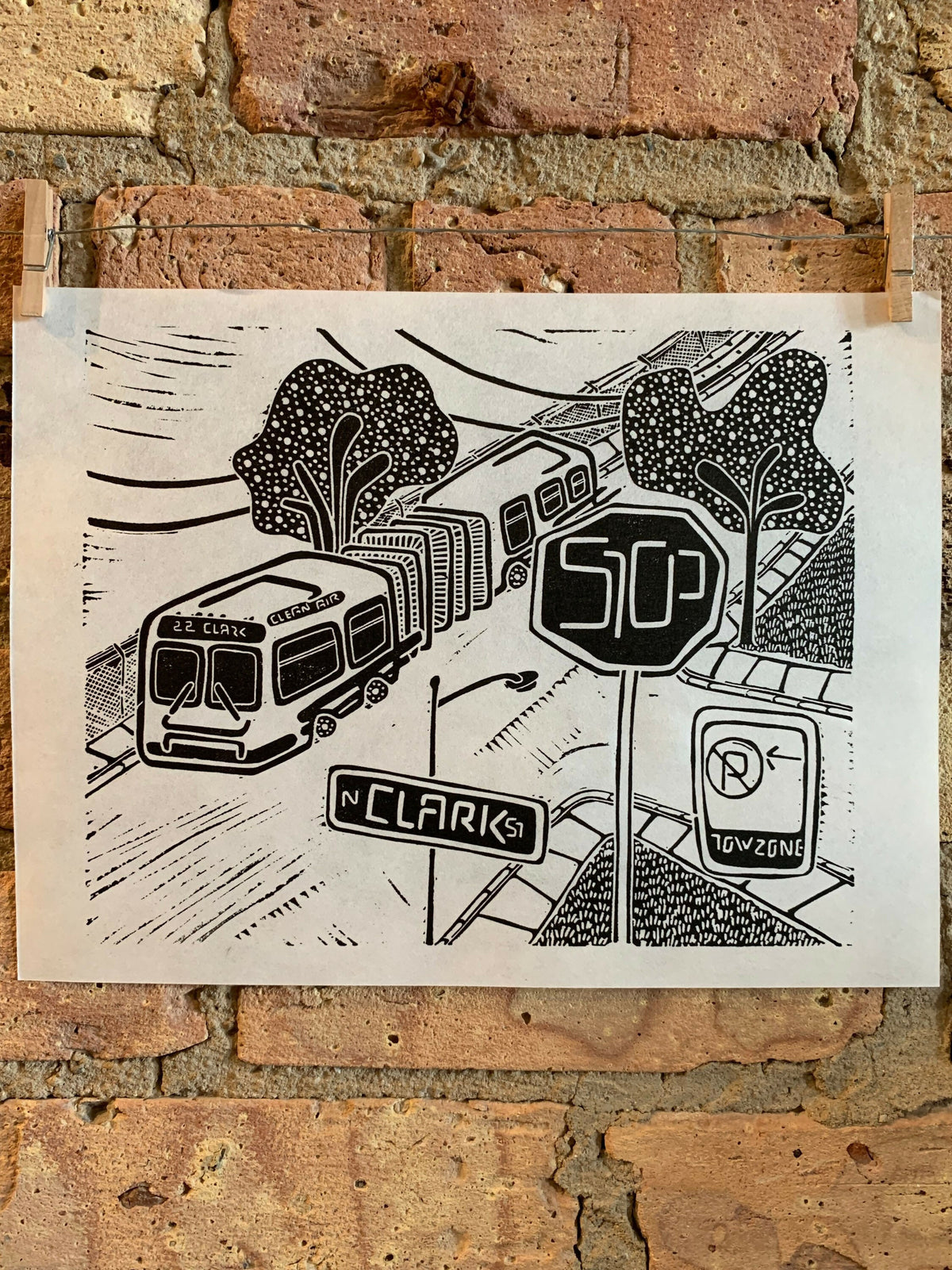 CTA-Pillar | Bus | City Scenes | Landscape, Spring Tree, Graceland Cemetery, Chicago | Linocut Print | Wall Art