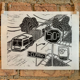 CTA-Pillar | Bus | City Scenes | Landscape, Spring Tree, Graceland Cemetery, Chicago | Linocut Print | Wall Art