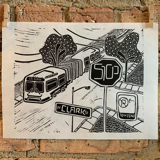 CTA-Pillar | Bus | City Scenes | Landscape, Spring Tree, Graceland Cemetery, Chicago | Linocut Print | Wall Art