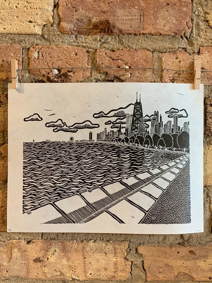 Lake Shore Drive 04 | Navy Pier / North Ave Beach | Linocut Print | Wall Art