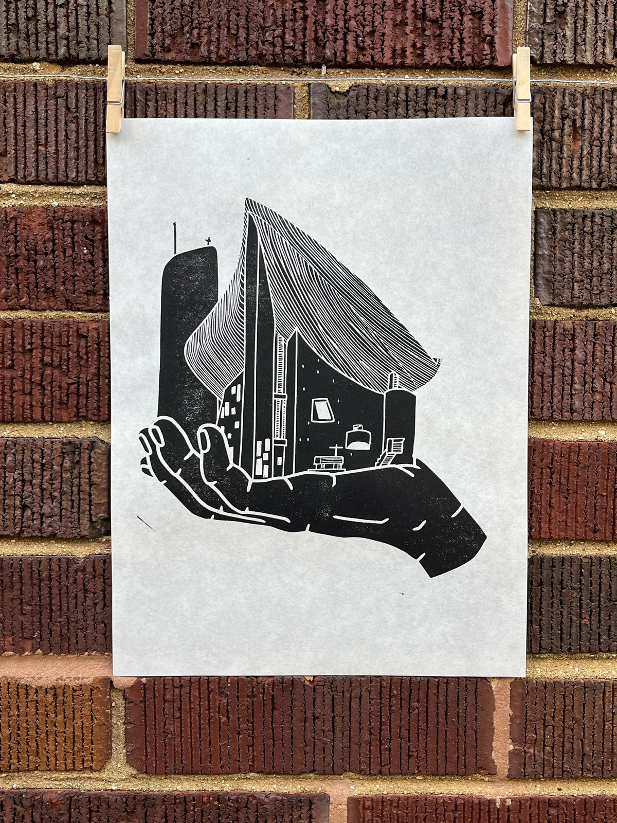 Ronchamp Hand | Le Corbusier | Notee Dame du Ronchamp | Handscape | Linocut Print | Wall Art