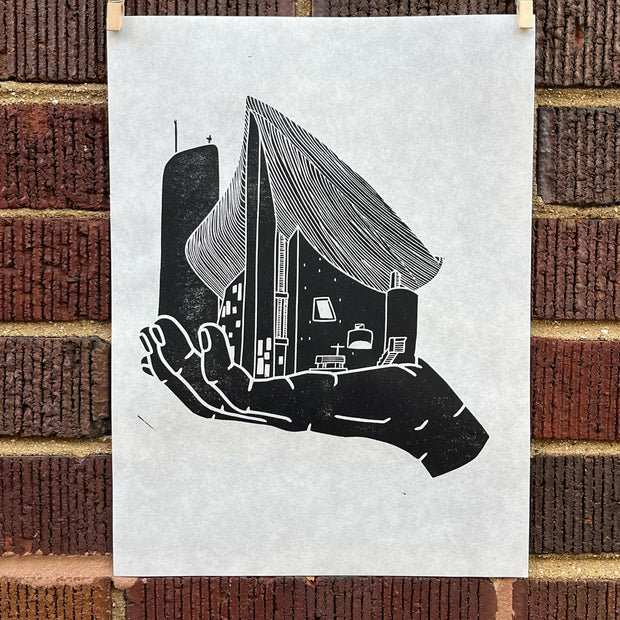 Ronchamp Hand | Le Corbusier | Notee Dame du Ronchamp | Handscape | Linocut Print | Wall Art
