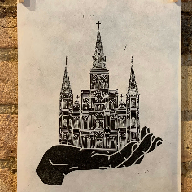 St. Louis Cathedral Hand | Jackson Square, New Orleans, Louisiana | NOLA | Linocut Print | Wall Art