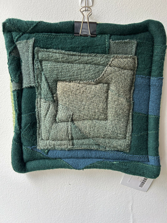 Upcycled Wool Trivet - Bright Green one side, blue/greens the other side