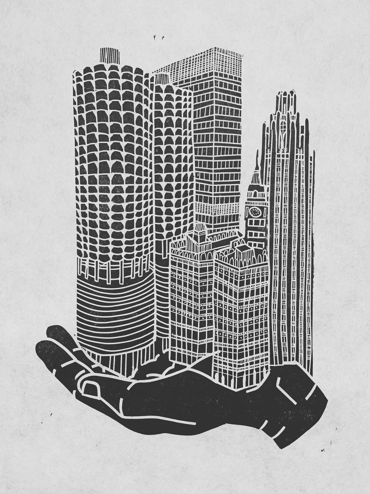 River North + Magnificent Mile / Chicago | Handscape | | Linocut Print | Wall Art