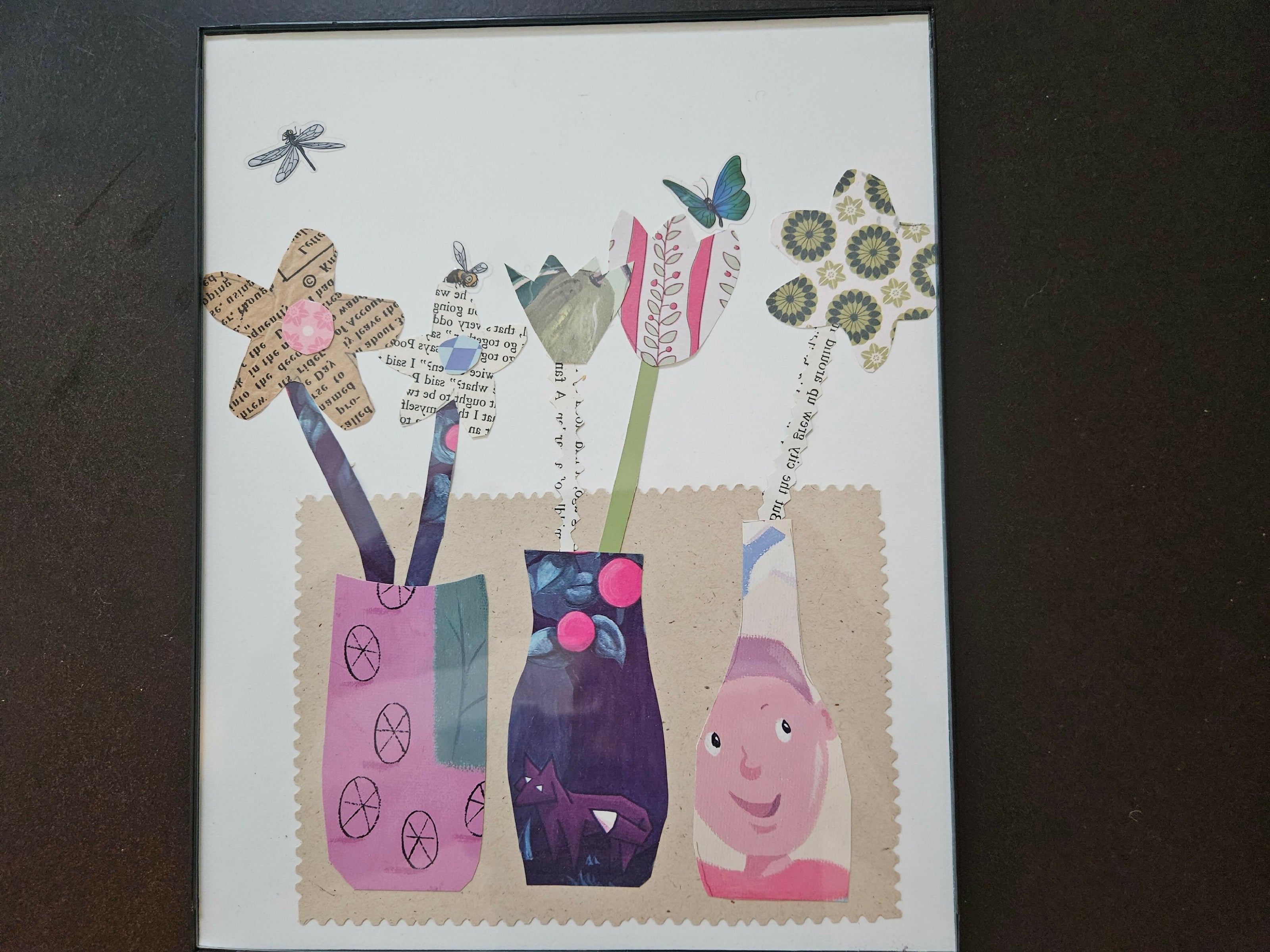 Paper Collage Flowers & Dragonfly