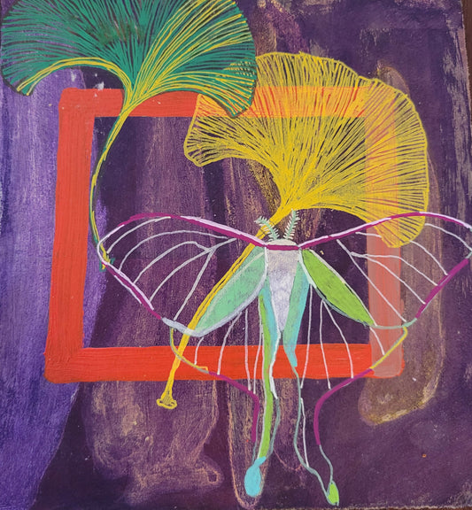 Gingko and Moth (framed floating on handmade paper in contemporary blond wood frame)