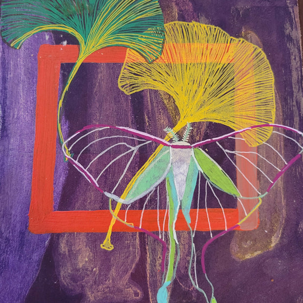 Gingko and Moth (framed floating on handmade paper in contemporary blond wood frame)