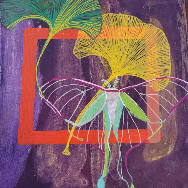 Gingko and Moth (framed floating on handmade paper in contemporary blond wood frame)