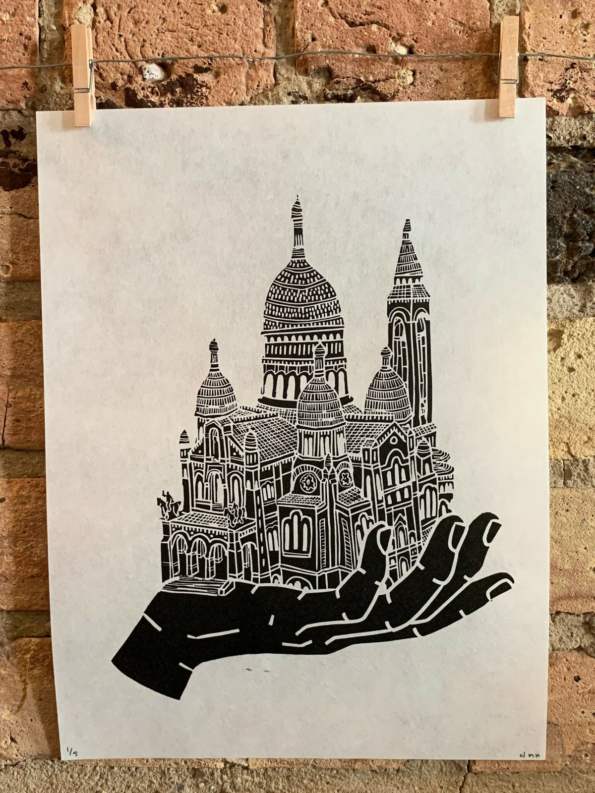Basilica Sacre Coeur Hand | Sacre-CÅ“ur, Monmartre, Paris, France | Handscape | Linocut Print | Wall Art