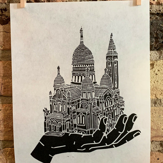 Basilica Sacre Coeur Hand | Sacre-CÅ“ur, Monmartre, Paris, France | Handscape | Linocut Print | Wall Art