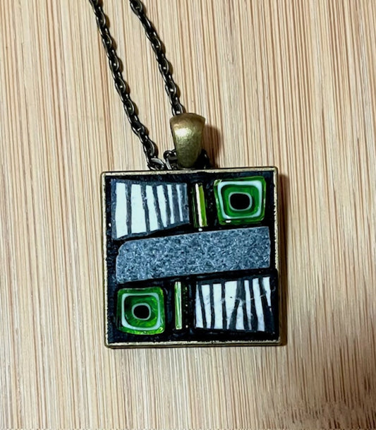 Mosaic Pendant: Slate and Green Glass Squares
