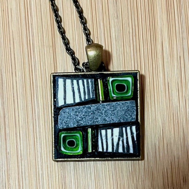 Mosaic Pendant: Slate and Green Glass Squares