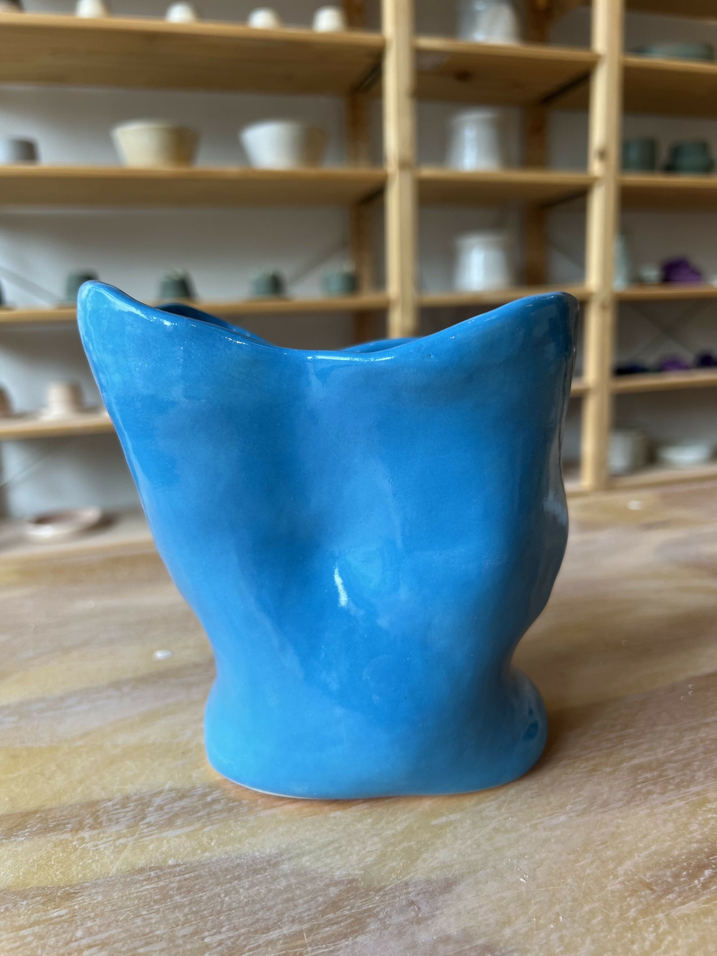 Bright blue ceramic vase - 6” tall